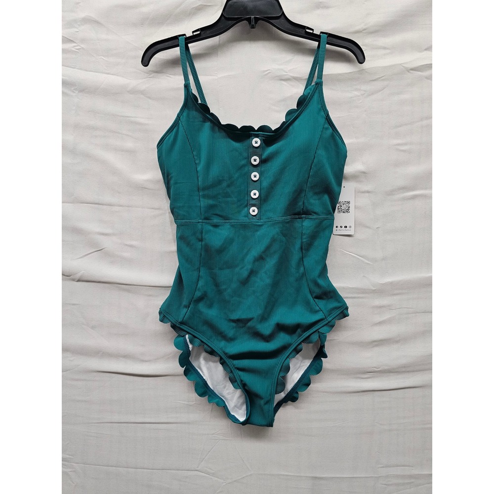 Charmo Womens Scallop One Piece Swimsuit Green Nylon Blend Size Large